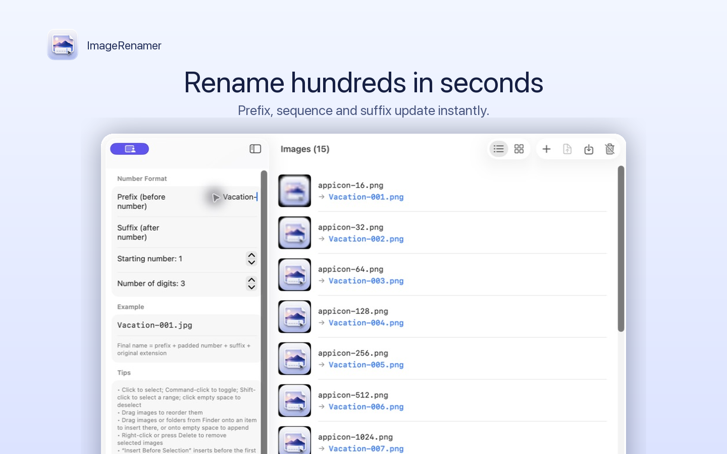 ImageRenamer batch naming interface on Mac